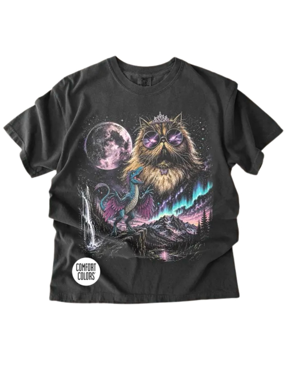 Comfort Colors Black Graphic Tee with Purple & Teal Cat and Dragon